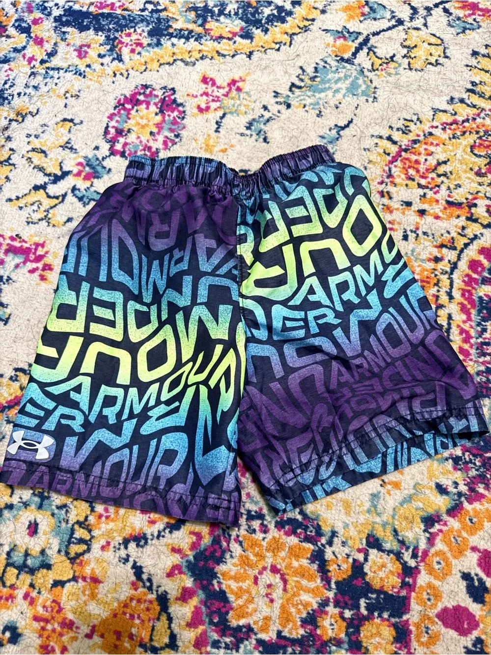 Under Armour Boys Swim Trunks Logo Print Mesh Lined Purple Blue Size 6/7